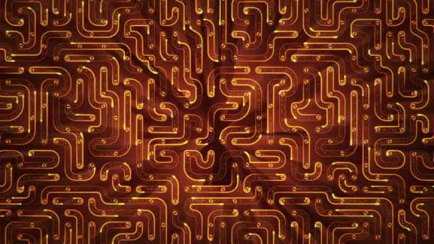 Fond technologique abstrait avec animation de particules de signaux électriques de circuits et de bandes lumineuses orange. Animation de boucle transparente .  