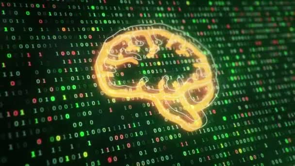 Τεχνολογικό Υπόβαθρο Εικονίδιο Εγκεφάλου Φόντο Κρεμασμένων Συμβόλων Δυαδικού Κώδικα Από — Αρχείο Βίντεο
