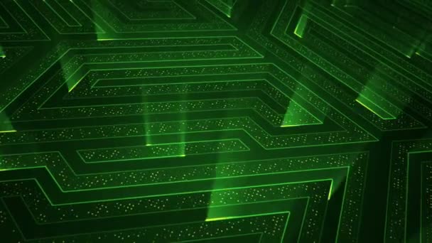 fond géométrique avec des rayures et des particules. Animation du signal électrique du circuit avec un éclat vert. Animation de boucle transparente .  