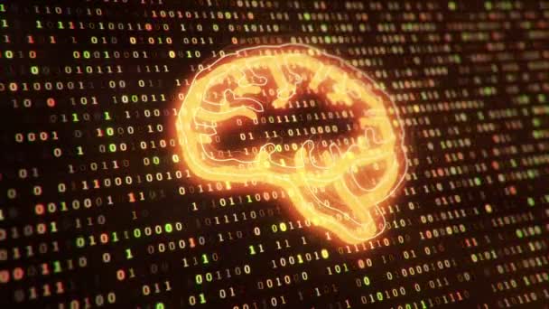 Технологічний Фон Піктограмою Мозку Тлі Висячих Символів Двійкового Коду Цифр — стокове відео
