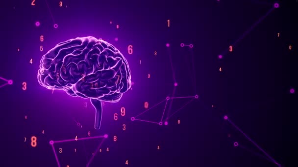 Animacja Rotacji Fioletowego Ludzkiego Mózgu Latającymi Danymi Szarym Tle Animacja — Wideo stockowe