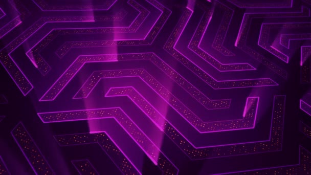 Fond technologique abstrait avec animation de particules de signaux électriques de circuits et de bandes lumineuses violettes. Animation de boucle transparente . 