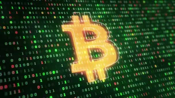 Fundo Tecnológico Com Ícone Bitcoin Fundo Símbolos Pendurados Código Binário — Vídeo de Stock