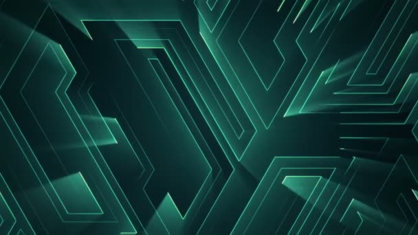 Fond technologique abstrait avec animation de particules de signaux électriques de circuits et bandes lumineuses turquoise. Animation de boucle transparente .