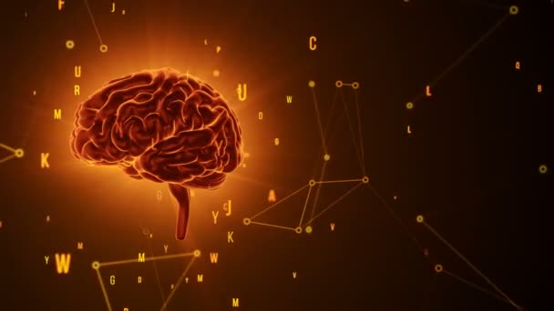 Animation Des Rotationsorangen Menschlichen Gehirns Mit Herumfliegenden Daten Auf Grauem — Stockvideo