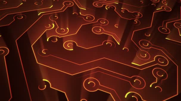 Fond technologique abstrait avec animation de particules de signaux électriques de circuits et de bandes lumineuses orange. Animation de boucle transparente .  