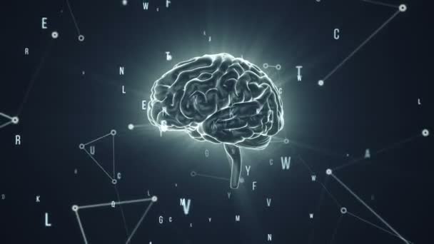 Animacja Obrotu Ludzkiego Mózgu Latającymi Danymi Szarym Tle Animacja Pętli — Wideo stockowe