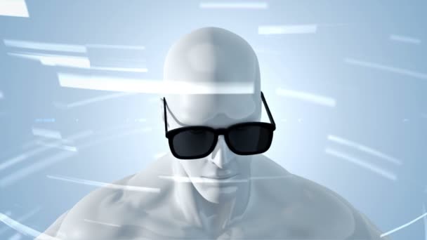 Анимация Человека Очках Космосе Помощью Видеокамер Данных Виртуальная Реальность Технологическая — стоковое видео