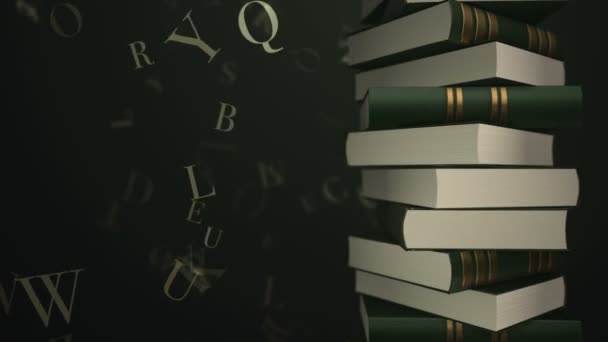 Rotación Animación Pila Libros Antiguos Biblioteca Casa Con Letras Voladoras — Vídeo de stock