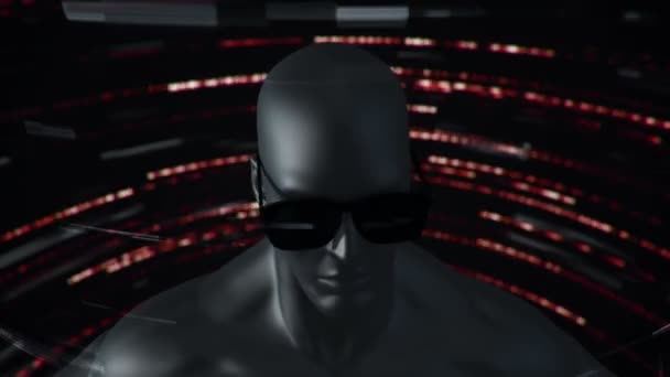 Animation de l'humain avec des lunettes VR à l'espace abstrait avec des particules et des données. Réalité virtuelle et industrie technologique. Animation de boucle transparente .