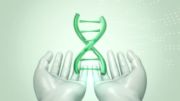 Fond abstrait avec animation de rotation ADN hélice dans les mains abstraites de l'homme. Animation de boucle transparente .