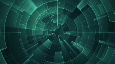 Çizgili ve parçalı geometrik arkaplan. Turkuaz ışıltılı devre elektrik sinyalinin animasyonu. Kusursuz döngünün animasyonu.  
