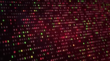 İkili kodu temsil eden teknolojik arka plan. Renkli arkaplanda 1 ve 0 numaralı ikili basamaklar. Kusursuz döngünün animasyonu.