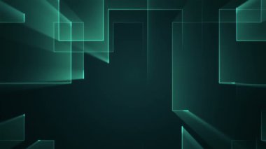 Çizgili ve parçalı geometrik arkaplan. Turkuaz ışıltılı devre elektrik sinyalinin animasyonu. Kusursuz döngünün animasyonu.  