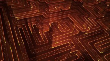 Devre elektrik sinyal parçacıkları ve turuncu ışık çizgilerinin animasyonuyla soyut teknoloji arka planı. Kusursuz döngünün animasyonu.  