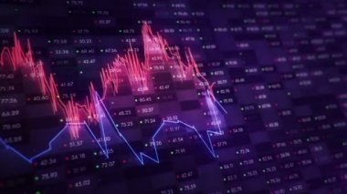 Büyüyen grafiklerin canlandırılmasıyla soyut bir arkaplan ve yüzde sembolleri olan sayılar akışı. Finansal rakamlar ve grafikler artan kâr gösteriyor. Kusursuz döngünün animasyonu.