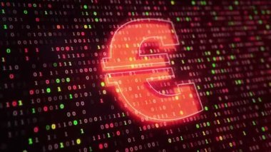 1 ve 0 rakamlarına ikili kodların asılma sembollerinin arka planında Avro simgesine sahip teknolojik arka plan. Kusursuz döngü. 