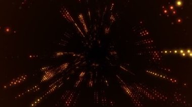 Parlayan ve yanıp sönen parçacıklardan dijital teknolojik tünele uçmanın animasyonu. Kusursuz döngünün animasyonu.