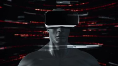 Vr Kulaklıklı, parçacıklar ve verilerle soyut uzayda insan animasyonu. Sanal gerçeklik ve teknoloji endüstrisi. Kusursuz döngünün animasyonu.