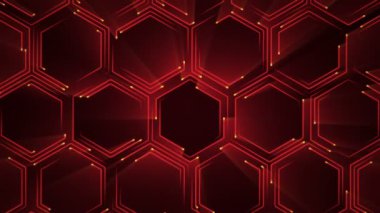 Devre elektrik sinyal parçacıkları ve kırmızı ışık çizgilerinin animasyonuyla soyut teknoloji arka planı. Kusursuz döngünün animasyonu.  
