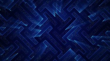 Çizgili ve parçalı geometrik arkaplan. Mavi ışıltılı devre elektrik sinyalinin animasyonu. Kusursuz döngünün animasyonu.  