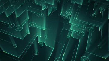 Devre elektrik sinyal parçacıkları ve yeşil ışık çizgilerinin animasyonuyla soyut teknoloji arka planı. Kusursuz döngünün animasyonu.