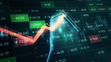 Büyüyen grafiklerin canlandırılmasıyla soyut bir arkaplan ve yüzde sembolleri olan sayılar akışı. Finansal rakamlar ve grafikler artan kâr gösteriyor. Kusursuz döngünün animasyonu.