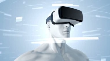 Vr Kulaklıklı, parçacıklar ve verilerle soyut uzayda insan animasyonu. Sanal gerçeklik ve teknoloji endüstrisi. Kusursuz döngünün animasyonu.