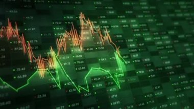 Büyüyen grafiklerin canlandırılmasıyla soyut bir arkaplan ve yüzde sembolleri olan sayılar akışı. Finansal rakamlar ve grafikler artan kâr gösteriyor. Kusursuz döngünün animasyonu.