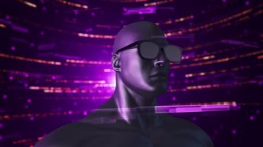 VR gözlüklü insan animasyonu soyut uzayda parçacıklar ve verilerle. Sanal gerçeklik ve teknoloji endüstrisi. Kusursuz döngünün animasyonu.