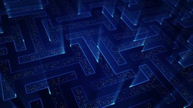 Çizgili ve parçalı geometrik arkaplan. Mavi ışıltılı devre elektrik sinyalinin animasyonu. Kusursuz döngünün animasyonu.  
