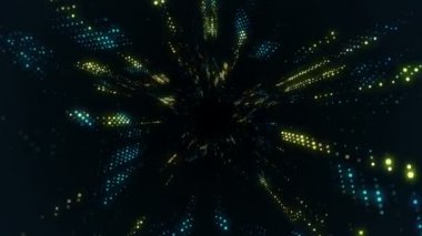 Parlayan ve yanıp sönen parçacıklardan dijital teknolojik tünele uçmanın animasyonu. Kusursuz döngünün animasyonu.