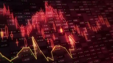 Büyüyen grafiklerin canlandırılmasıyla soyut bir arkaplan ve yüzde sembolleri olan sayılar akışı. Finansal rakamlar ve grafikler artan kâr gösteriyor. Kusursuz döngünün animasyonu.