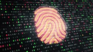 1 ve 0 rakamlarından ikili kodların asma sembollerinin arka planında parmak izi ikonu olan teknolojik bir arkaplan. Kusursuz döngü. 