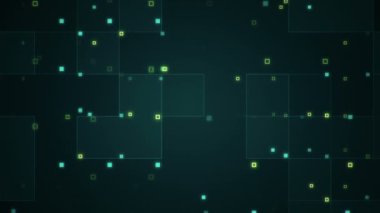 Çizgili ve parçalı geometrik arkaplan. Turkuaz ışıltılı devre elektrik sinyalinin animasyonu. Kusursuz döngünün animasyonu.  