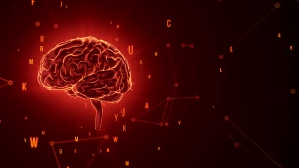 Animación Rotación Del Cerebro Humano Rojo Con Datos Voladores Sobre — Vídeo de stock