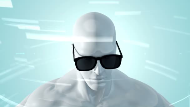 Анимация Человека Очках Космосе Помощью Видеокамер Данных Виртуальная Реальность Технологическая — стоковое видео