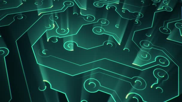 Fond technologique abstrait avec animation de particules de signaux électriques de circuits et de bandes lumineuses vertes. Animation de boucle transparente .