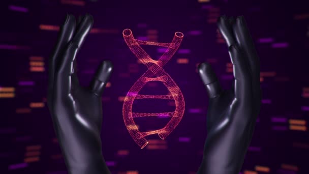 Fond abstrait avec animation de rotation ADN hélice dans les mains abstraites de l'homme. Animation de boucle transparente .