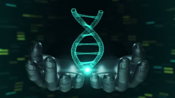 Fond abstrait avec animation de rotation ADN hélice dans les mains abstraites de l'homme. Animation de boucle transparente .
