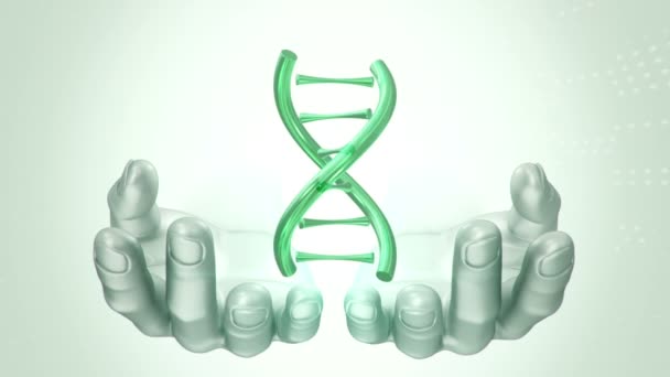Fond abstrait avec animation de rotation ADN hélice dans les mains abstraites de l'homme. Animation de boucle transparente .