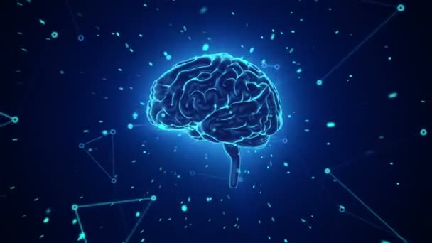 Κινούμενα Σχέδια Του Μπλε Ανθρώπινου Εγκεφάλου Ιπτάμενα Δεδομένα Γύρω Από — Αρχείο Βίντεο