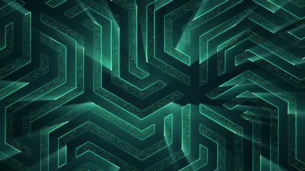 Fond technologique abstrait avec animation de particules de signaux électriques de circuits et bandes lumineuses turquoise. Animation de boucle transparente .