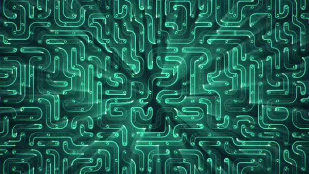 Fond technologique abstrait avec animation de particules de signaux électriques de circuits et de bandes lumineuses vertes. Animation de boucle transparente .