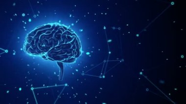 Arka planda uçan verilerle insan beyninin dönüşümünün animasyonu. Kusursuz döngünün animasyonu