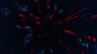 Parlayan ve yanıp sönen parçacıklardan dijital teknolojik tünele uçmanın animasyonu. Kusursuz döngünün animasyonu.