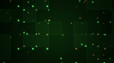 Çizgilerin geometrik arka planında parçacıkların olduğu devre elektrik sinyalinin animasyonu. Kusursuz döngünün animasyonu.  