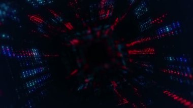 Parlayan ve yanıp sönen parçacıklardan dijital teknolojik tünele uçmanın animasyonu. Kusursuz döngünün animasyonu.
