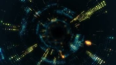 Parlayan ve yanıp sönen parçacıklardan dijital teknolojik tünele uçmanın animasyonu. Kusursuz döngünün animasyonu.