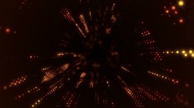 Parlayan ve yanıp sönen parçacıklardan dijital teknolojik tünele uçmanın animasyonu. Kusursuz döngünün animasyonu.